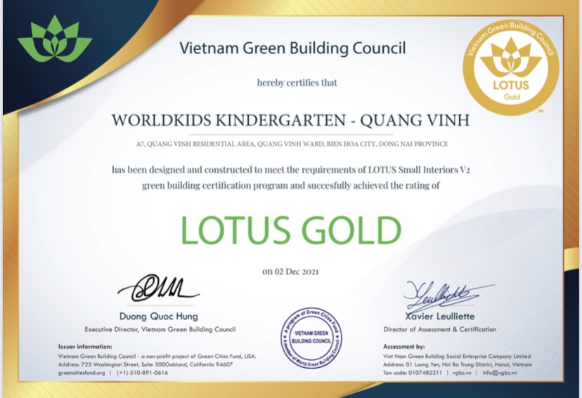 Worldkids Quang Vinh thuộc Công Ty CPDT Bảo Nguyên đạt giải Lotus Gold 03